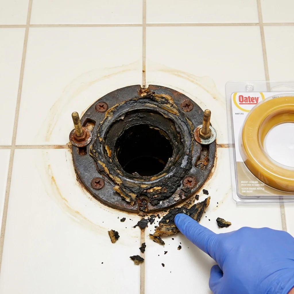 Failed wax ring showing water seepage at the base of a toilet in a Abbeville, SC home