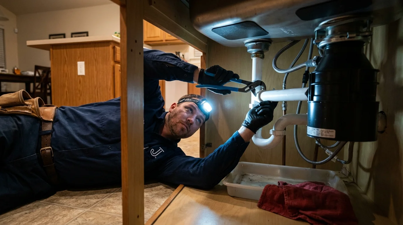 P-trap and supply line connections under a kitchen sink showing a common leak point in Abbeville, SC